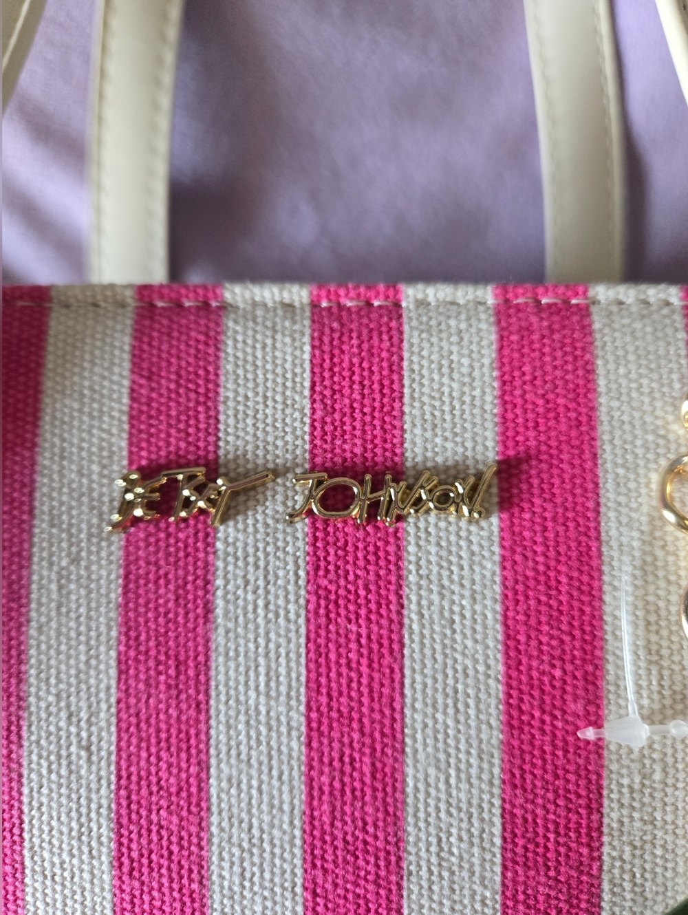 Betsey Johnson Pink and Cream Striped Purse with Floral Charm NWT - Picture 4 of 8